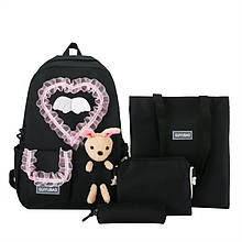 Рюкзак чорний комплект 4в1 для міста та школи із зайчиком, набір сумок/FS-1845