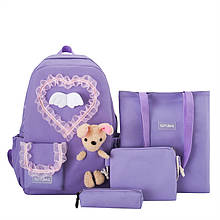 Рюкзак фіолетовий комплект 4 в 1 для міста та школи із зайчиком, набір сумок/FS-1845,3