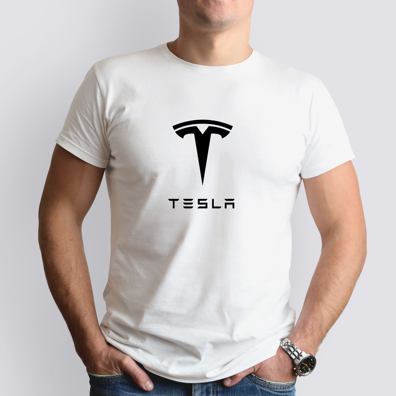 Футболка з маркою авто TESLA / Тесла, біла