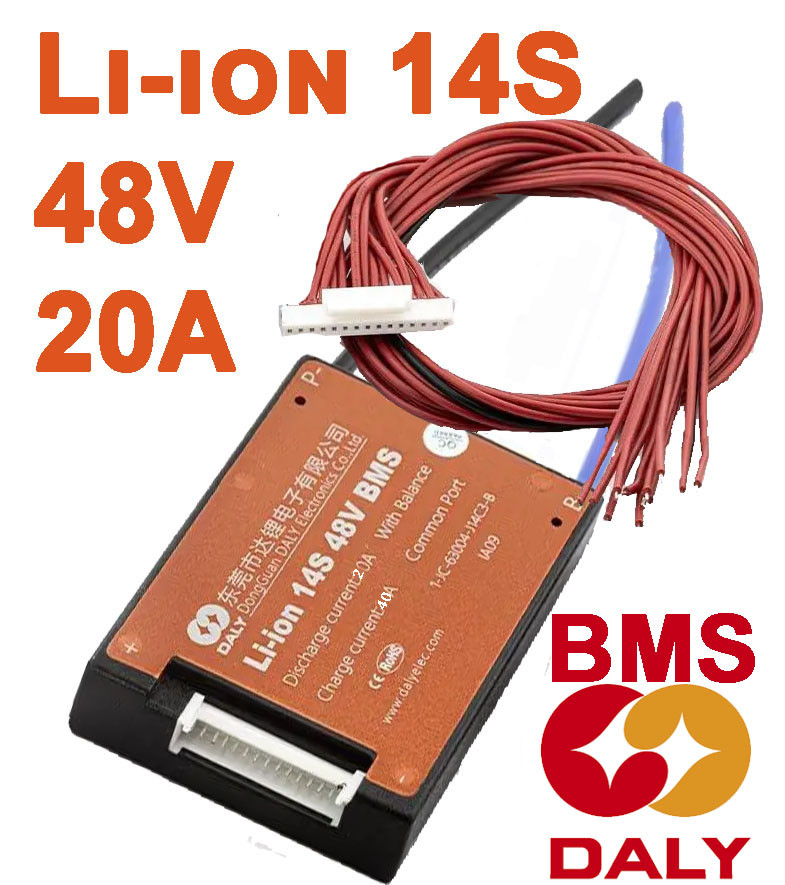 BMS Плата DaLy для захисту Li-ion 48V 14S 20А літієвої батареї (симетрія, вологозахисна, з балансиром) AVADONA