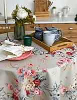 Скатерть тефлоновая круглая хлопковая цветочки букеты фон серо бежевый