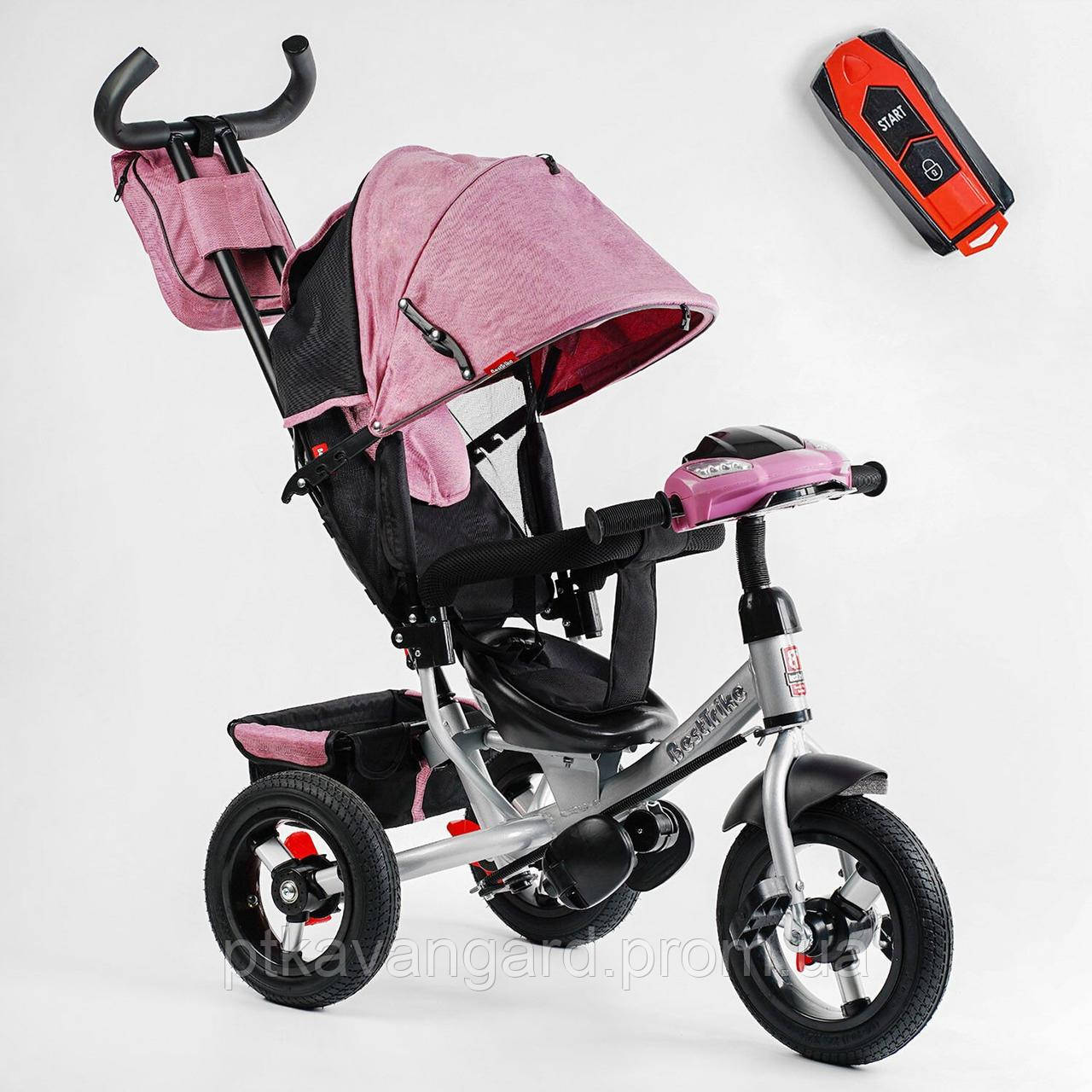 Велосипед триколісний дитячий з батьківською ручкою Best Trike Рожевий, надувні колеса, фара з USB, пульт