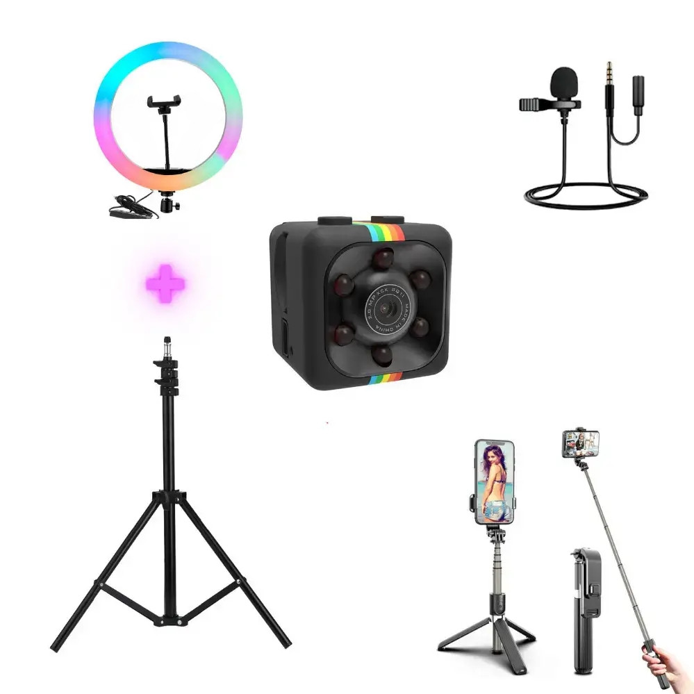 Набір блогера 5в1 кольорова RGB LED лампа 36см Штатив 2м Селфі-трипод Bluetooth екшн камера Петличний мікрофон, фото 1
