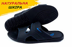 Літні чоловічі шкіряні шльопанці Nike/Найк чорні спортивні з натуральної шкіри на літо *35 черн/син шл*