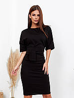 Елегантна жіноча сукня футляр прилягаюча чорна сукня з коротким рукавом однотонна сукня з поясом 40-42 розмір
