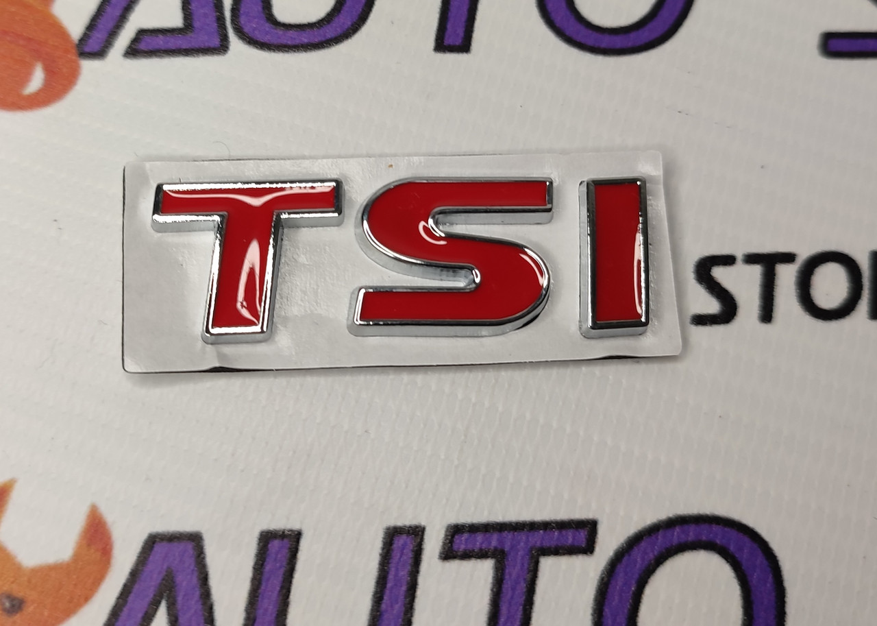 Емблема шильдик логотип "TSI" 52 Х 17 мм Червона з хромованним кантом для VOLKSWAGEN SKODA VAG
