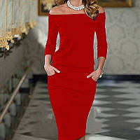 Изысканное женское платье с открытыми плечами рукавом три четверти с карманами размеры 40 42 46 цвет красный
