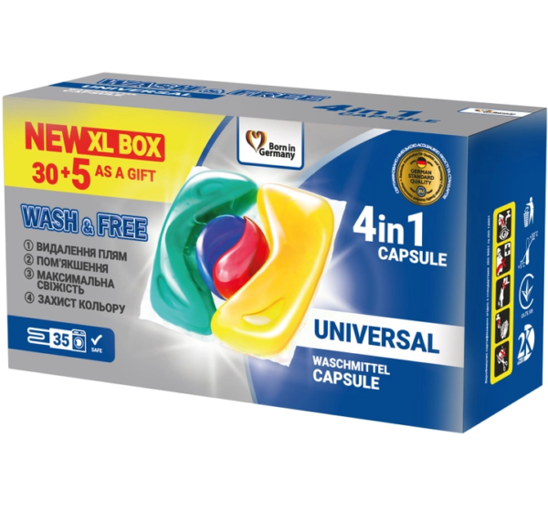 Капсули для прання "Wash & Free" вош енд фрі 4 в 1 універсальні, 35шт., фото 1