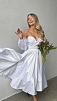 Вечернее атласное белое платье-бандо миди с разрезом со съемными рукавами