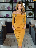 Изысканное женское платье с открытыми плечами рукавом три четверти с карманами размер 42 цвет горчица