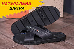 Літні чоловічі шкіряні шльопанці BMW MotorSport чорні класичні з натуральної шкіри на літо *36ч шл*