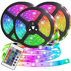 Комплект 3х світлодіодних LED стрічок 5м, 3528 з пультом RGB / Багатобарвне LED підсвічування працює від мережі