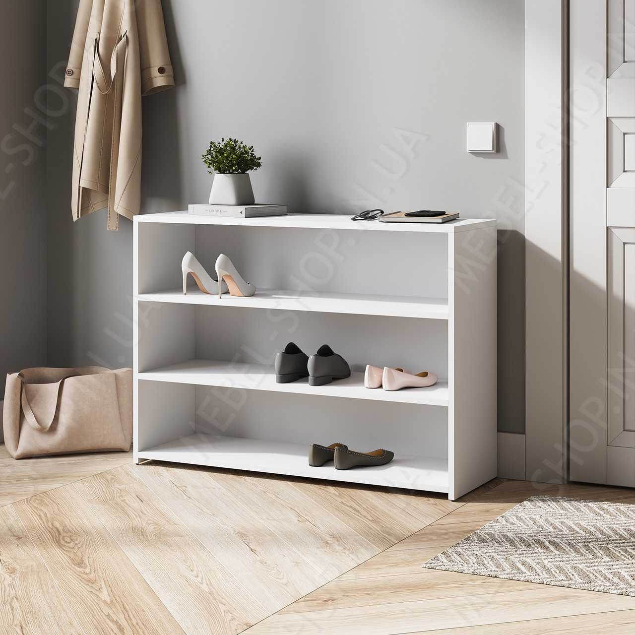 Взуття трирівневе з ЛДСП Стильна взуття в передпокій Стелаж для взуття з 3 осередками 950 мм, фото 1