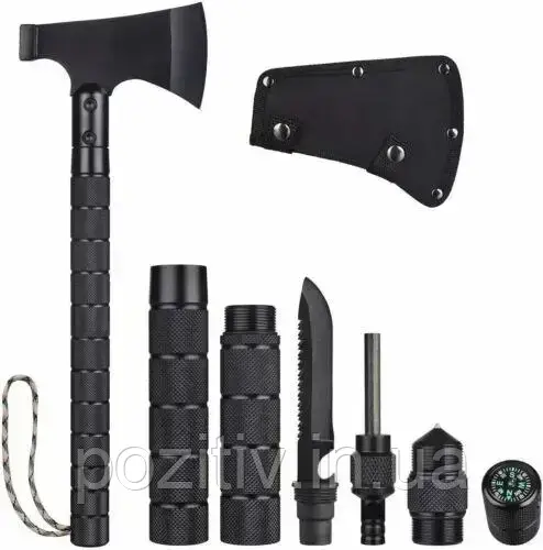 Складаний туристичний сокира для полювання і риболовлі, компас, кресало 7в1, фото 1