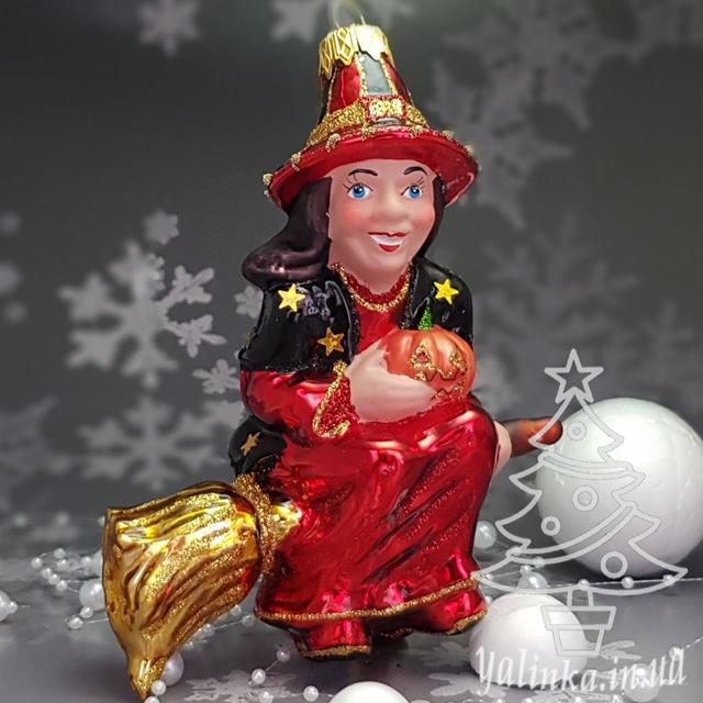 Стеклянная елочная игрушка Ведьма на метле Snegka Poland 14×10 см (ID ...