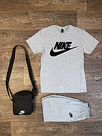 Летний комплект 3 в 1 футболка шорты и сумка Найк серого и черного цвета