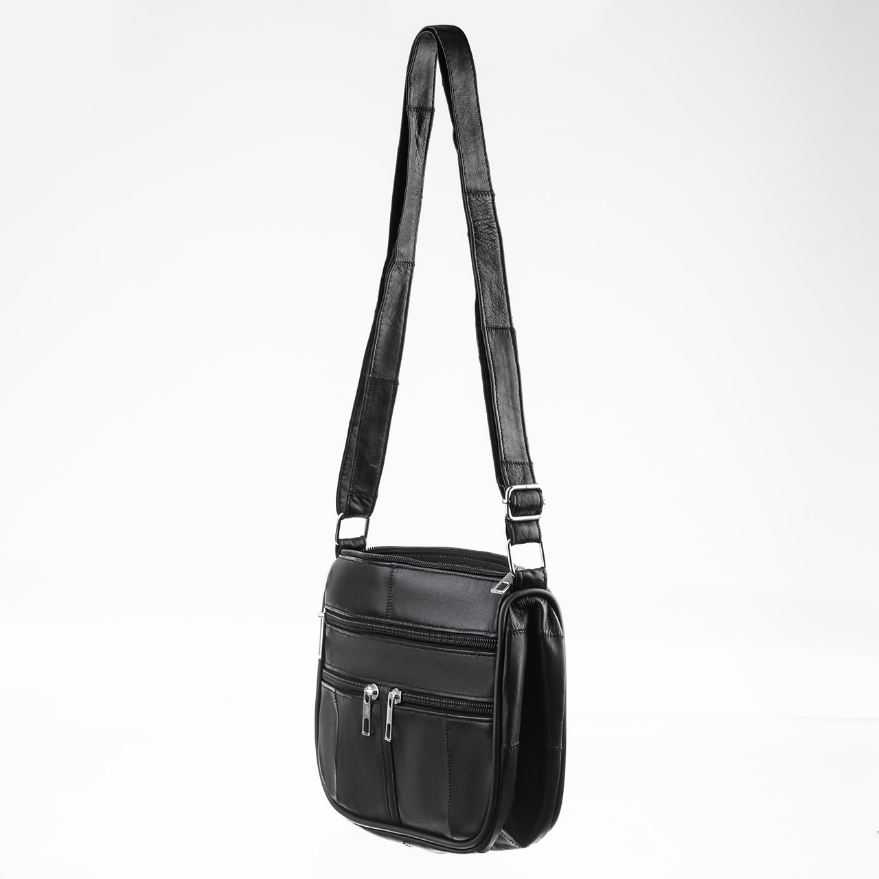 Жіноча шкіряна сумка через плече LT 5694 чорна, 6 відділень на блискавці (fb)