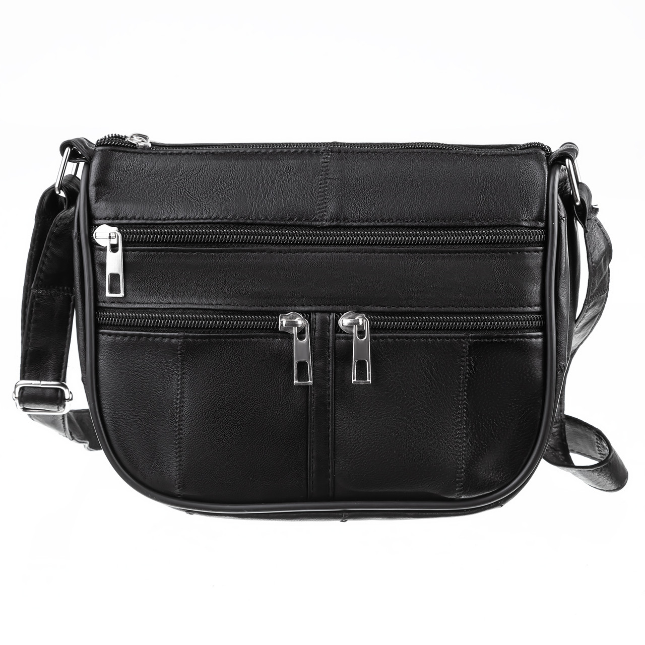 Жіноча шкіряна сумка через плече LT 5694 чорна, 6 відділень на блискавці