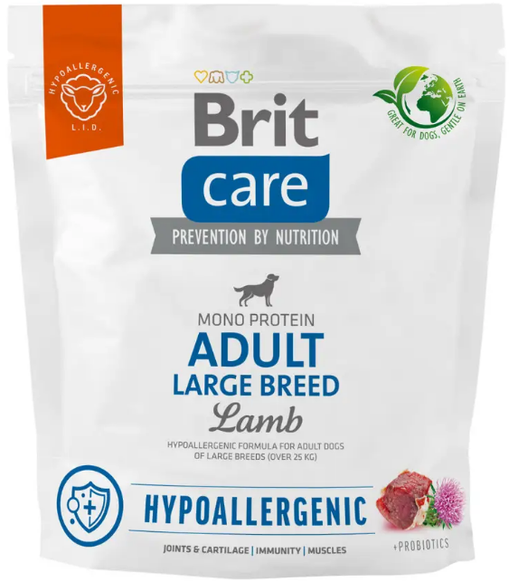 Гіпоалергенний корм для собак великих порід з ягням Brit Care Dog Hypoallergenic Adult Large Breed 1 кг, фото 1
