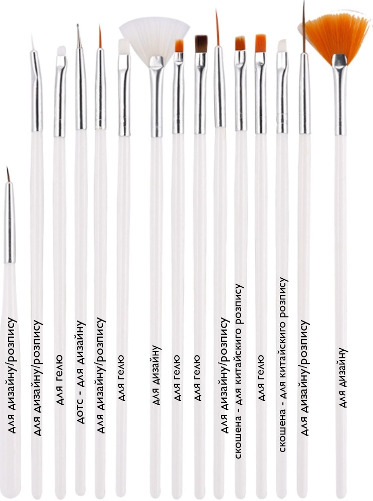 Набір пензлів для дизайну та моделювання нігтів, малювання Lpnails 15 шт, білий AVADONA