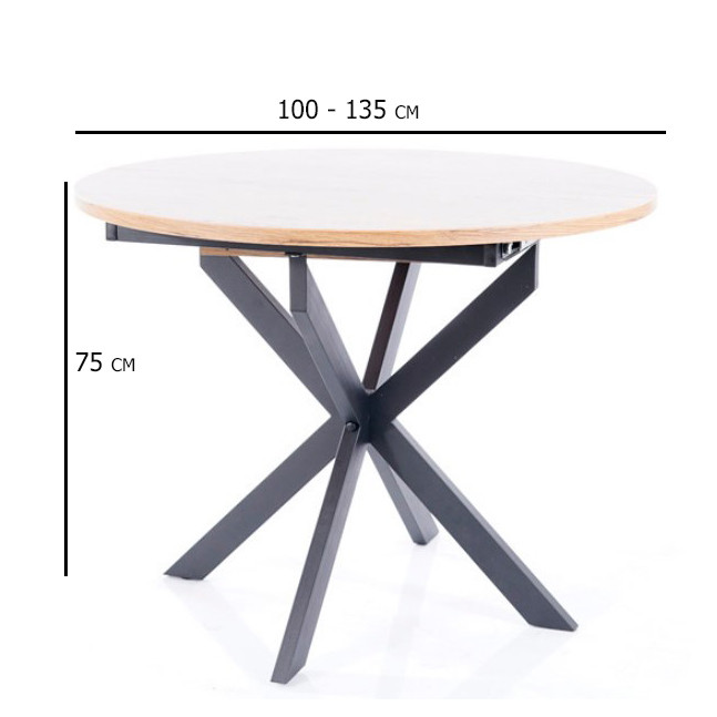 Обідній круглий стіл розсувний дуб артисан Gaston 100-135 см на чорних металевих ніжках для кухні, фото 1