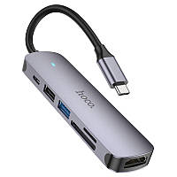 USB-хаб адаптер Hoco HB28 Type-C 5в1 (док станция, 60W, HDTV + USB3.0 + USB2.0 + SD + TF + PD) - Серый