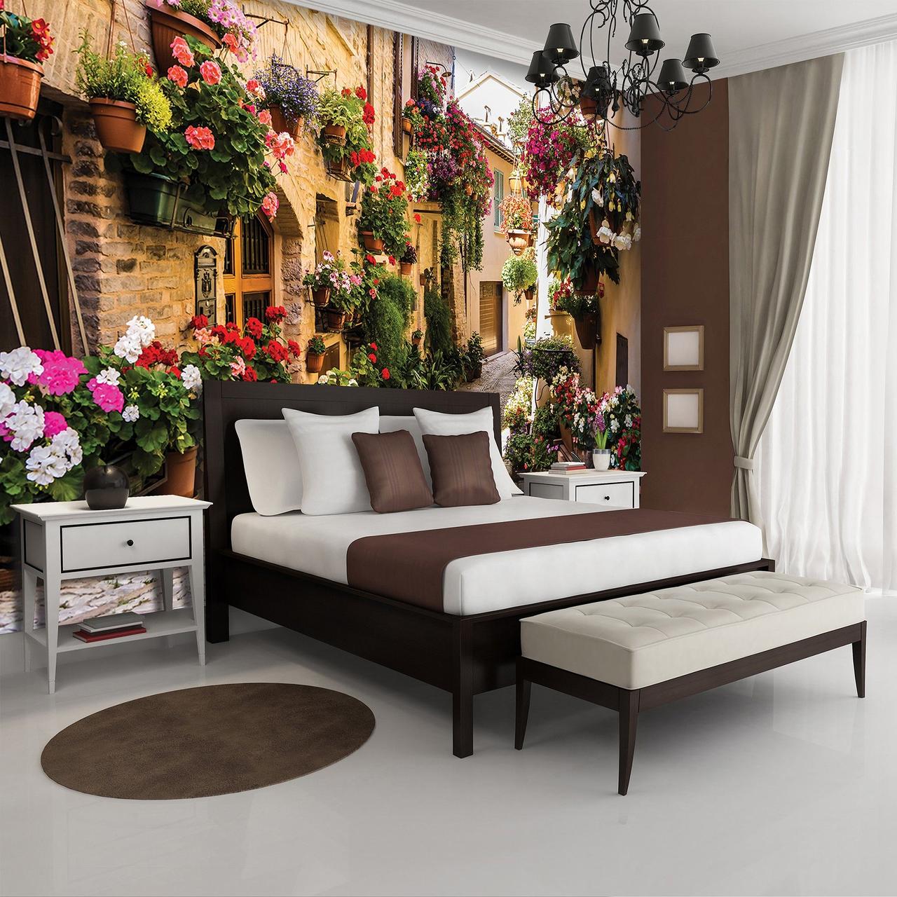 Флізелінові 3D фотошпалери в спальні Архітектура Алея Провулок Італія 312x219 см Вулиця в квітах Найкраща якість, фото 1