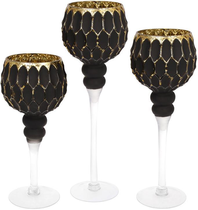 Набір 3 скляних підсвічника Ferdeus 30см bobi , 35см bobi , 40см bobi , чорний з золотом - фото 1 - id-p1832594838