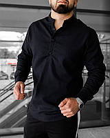 Мужская рубашка льняная классическая летняя Gang черная Рубашка повседневная с длинным рукавом на лето