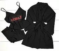 Пижама женская с надписью тройка: маечка,шортики и халат, софт 44/46, Черный