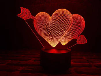 Настільний нічник проєктор LED світильник 3D Night Light Два серця зі стрілою Без паковання Чорний (KG-7849)