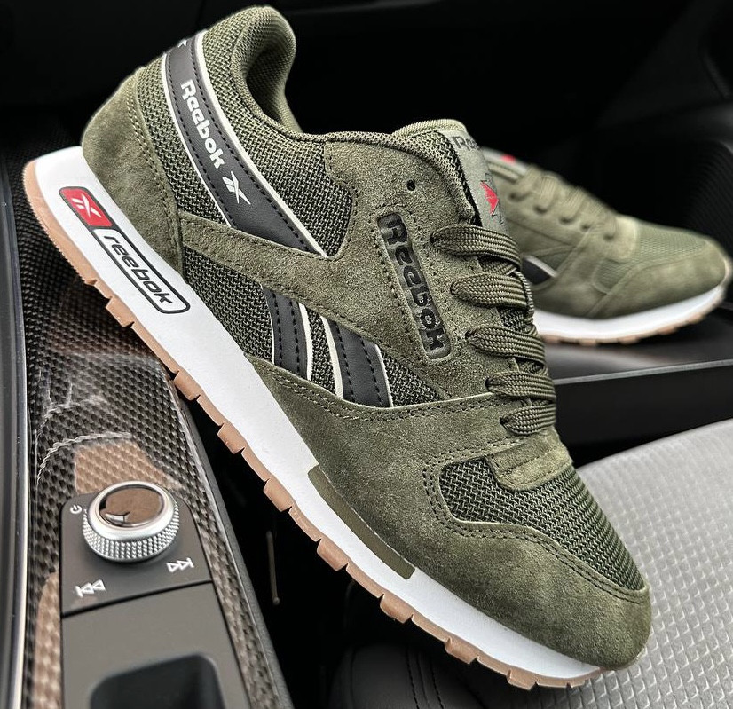 Чоловічі кросівки Reebok Classic New Green весна-осінь замшеві хакі. Живе фото (рібок класік), фото 1