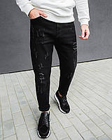 Мужские стильные свободные джинсы МОМ потёртые базовые чёрного цвета