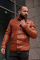 Чоловіча стьобана курточка демісезонна коричневого кольору з еко шкіри