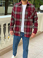 Мужская стильная тёплая байковая рубашка бордовая в клетку Турецкое качество