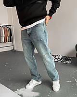 Мужские стильные свободные джинсы МОМ базовые синего цвета широкого кроя