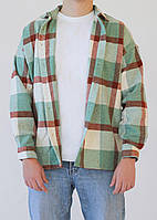 Мужская стильная тёплая байковая рубашка зелёная в коричневую клетку Турецкое качество