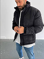 Мужская курточка пуховик зимняя короткая чёрного цвета вельветовая