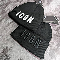 Мужская стильная брендовая вязаная шапка ICON чёрного цвета