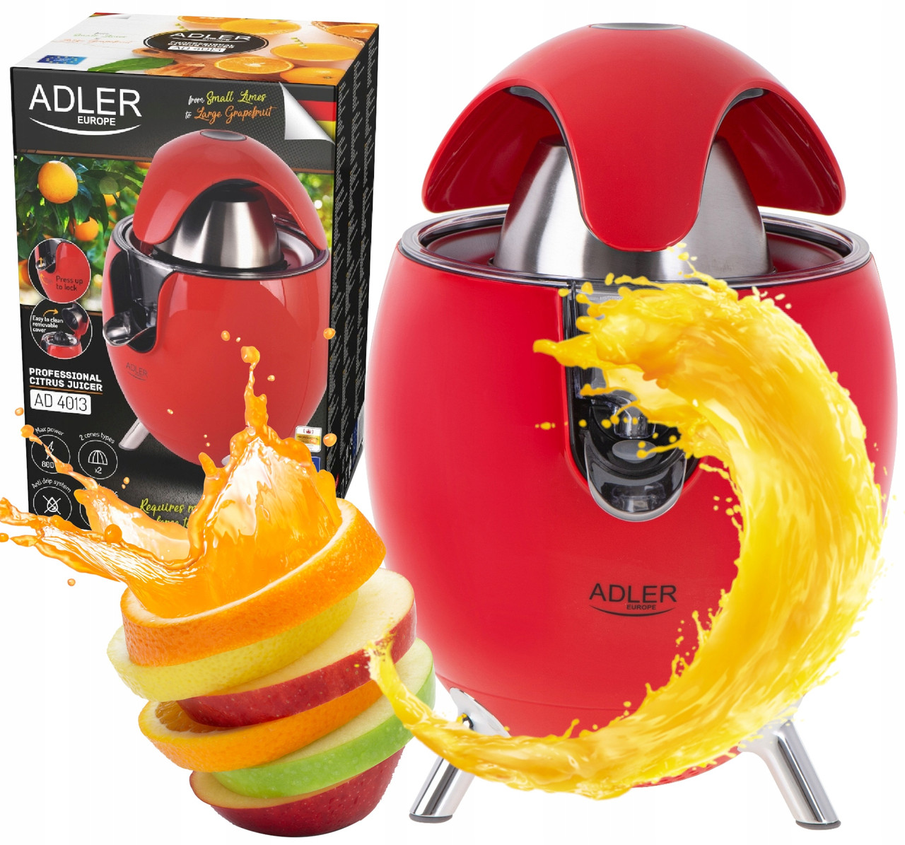 Соковижималка для цитрусових Adler AD 4013 Red — 800 Вт, 2 насадки, система «Капля-стоп»