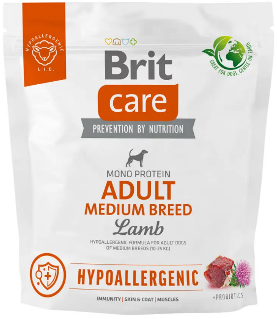 Сухий корм для собак середніх порід з ягням Brit Care Dog Hypoallergenic Adult Medium Breed 1 кг, фото 1