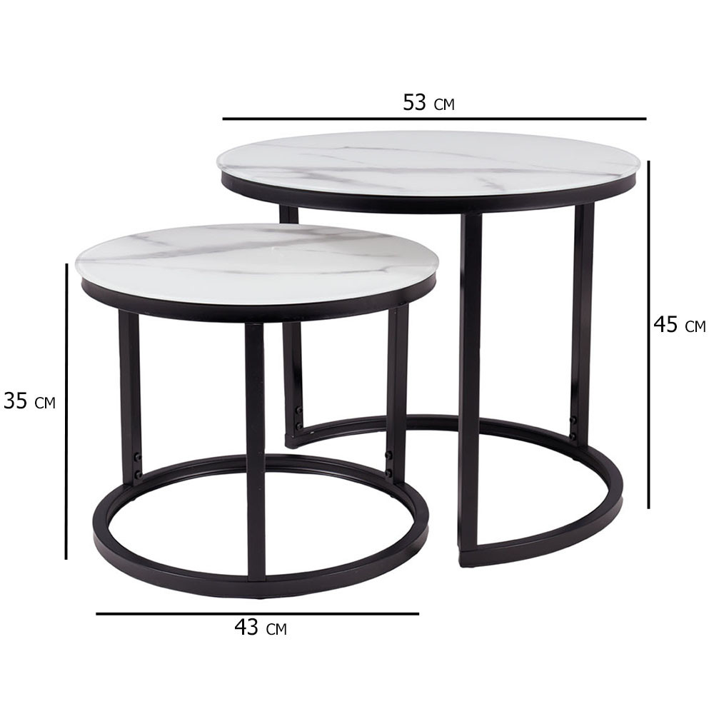 Журнальні столики круглі подвійні скляні Atlanta C II білий мармур на чорному сталевому каркасі у вітальню