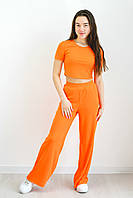 Костюм штани палаццо с карманами и кроптоп с короткими рукавами для девочки трикотаж рубчик цвет апельсин 146
