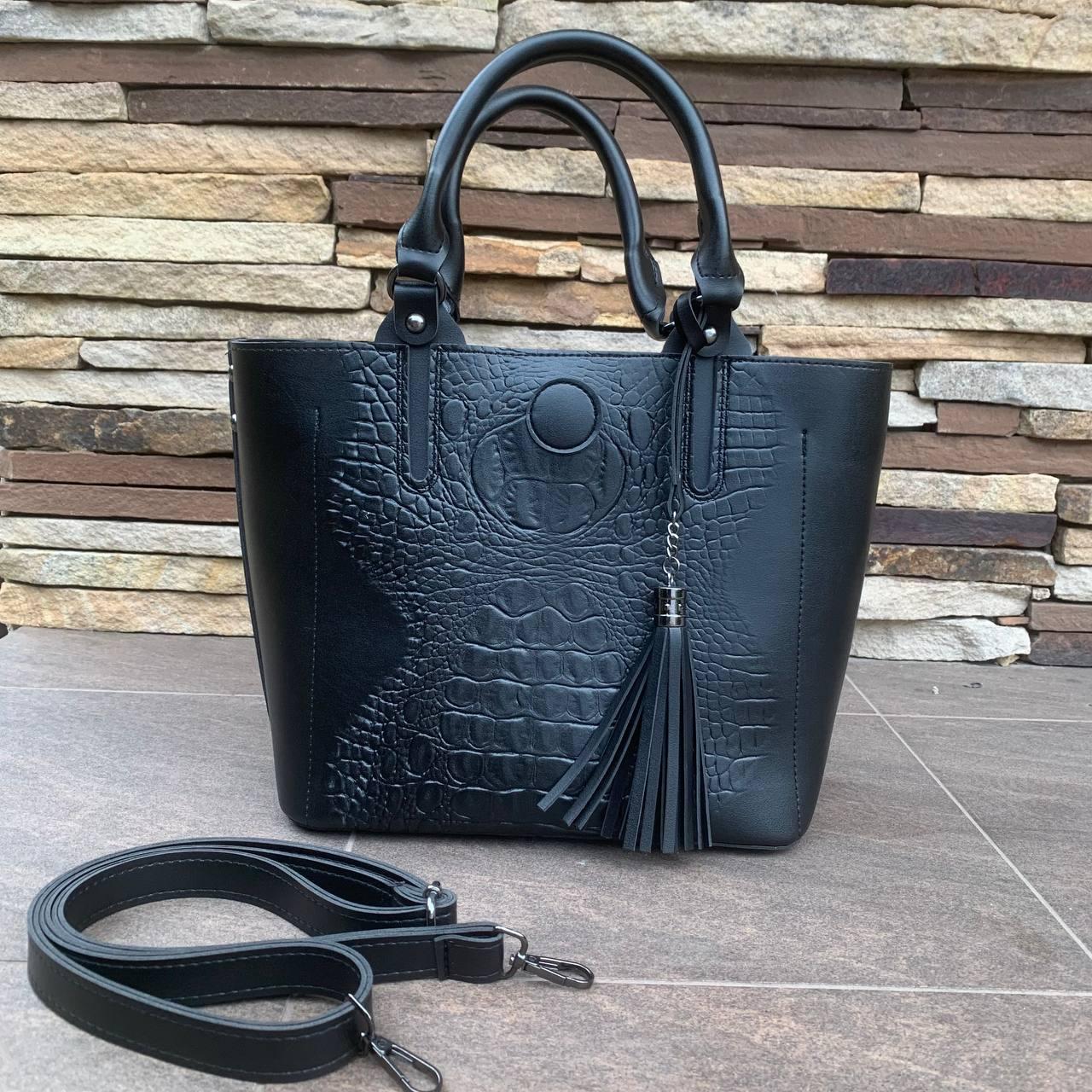 Якісна жіноча сумка-стиль-шкіра шкіра рептилії, сумочка на плече крокодил чорна, фото 1