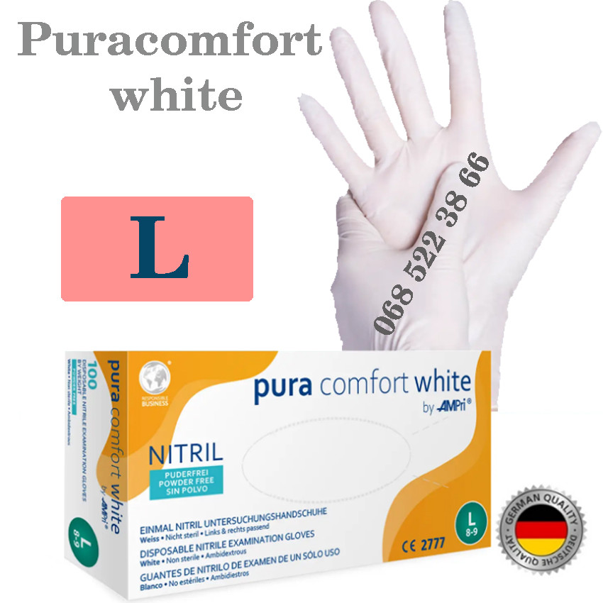 Рукавиці нітрилові білі Pura comfort white розмір L, щільність 3.8г, уп100 шт.