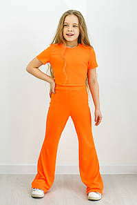 Костюм рубчик штани кльош й кроптоп із короткими рукавами для дівчинки (зріст 116-134) трикотаж апельсин