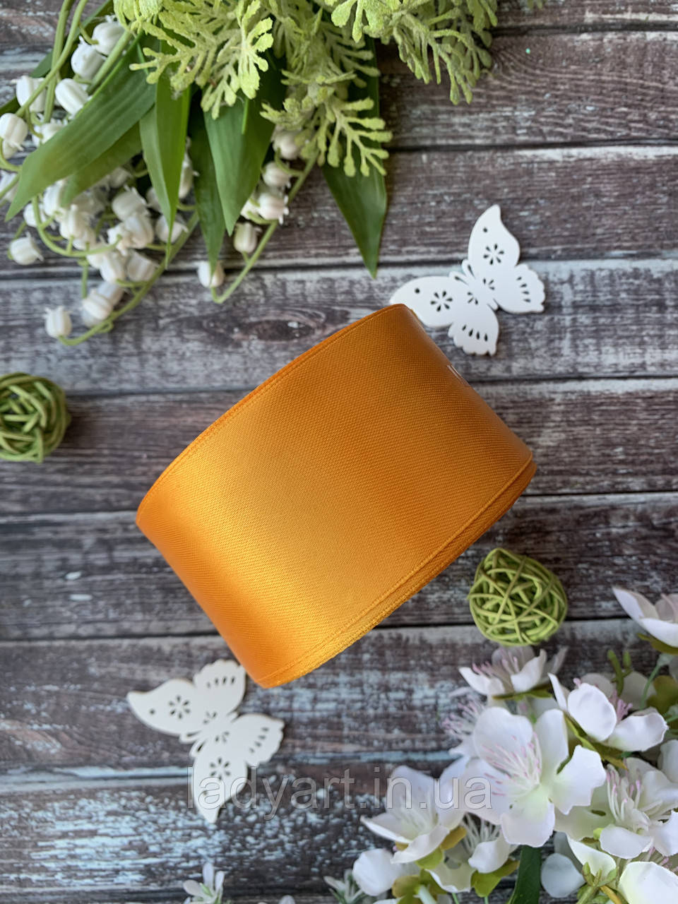 Атласна стрічка 5 см, 36 ярд (приблизно 33 м), кольору "жовток" гуртом, фото 1