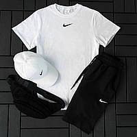 Мужской летний спортивный костюм Nike белый 4в1, Комплект Найк на лето Шорты + Футболка + Кепка + Бананк sett