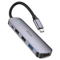 USB-хаб адаптер Hoco HB27 Type-C 4в1 (док станция, 60W, HDTV + 3 USB3.0 + USB2.0 + PD) - Серый