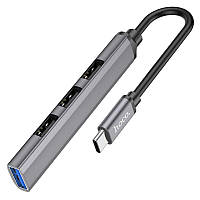 USB-хаб адаптер Hoco HB26 Type-C 4в1 (док станция, Type-, 3 USB3.0 + USB2.0) - Серый